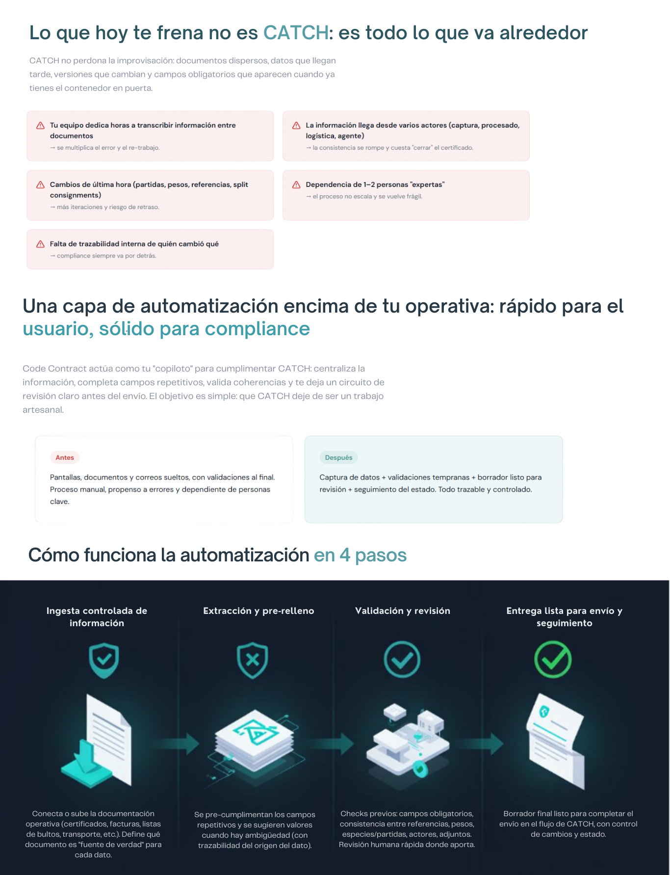 Desde que CATCH es obligatorio, cada certificado mal cumplimentado cuesta tiempo, llamadas y re-trabajo. Con Code Contract, pasas de rellenar pantallas a generar borradores completos y validados,  (1)